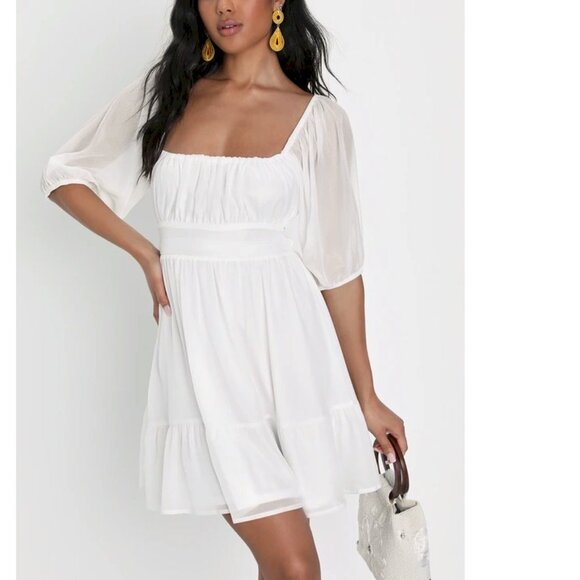 Lulus Ethereal Arrival White Puff Sleeve Tie-Back Chiffon Mini Dress Size Small - Picture 4 of 8
